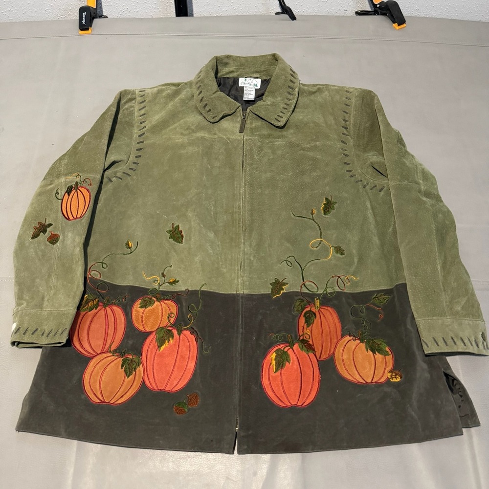 VTG Quacker Factory 2X Plus Sage Suede Leather Pumpkin Embroider Jacket Coat